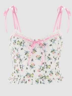 White Floral Lace-Trim Bustier Top with Pink Accents